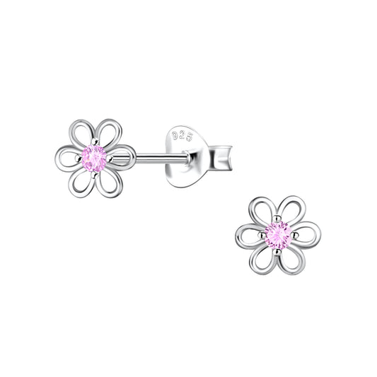 Children's Sterling Silver Pink CZ Flower Stud Earrings