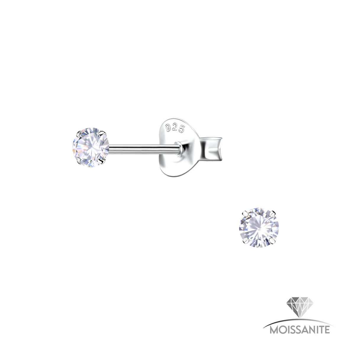 A pair of Moissanite bar studs in silver, featuring a round brilliant-cut clear gemstone on a polished silver post with a butterfly back. 