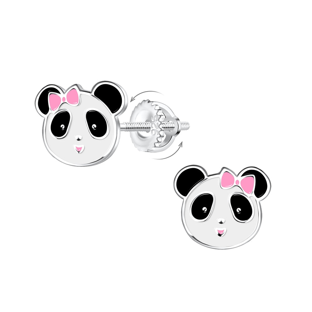Kids Sterling Silver Panda Bear Screw Back Earrings