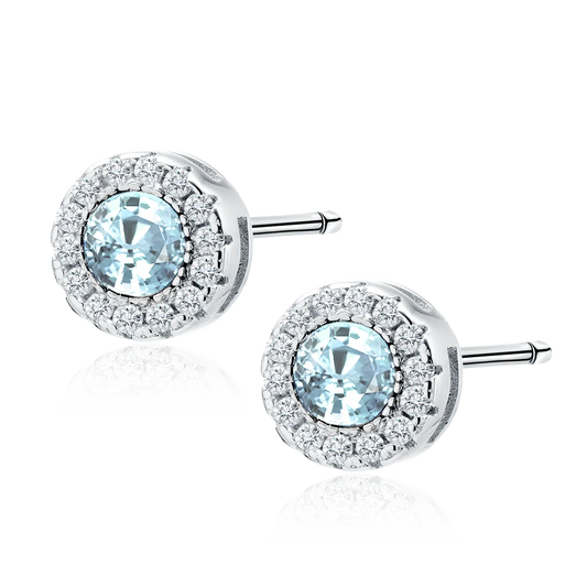 Sterling Silver Aqua CZ Round Stud Earrings