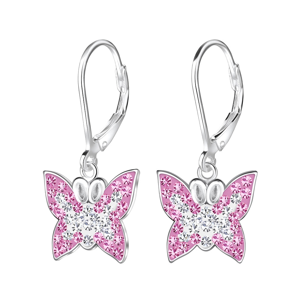 Children's Sterling Silver Pink Butterfly Leverback Earrings - Melchior Jewellery 
