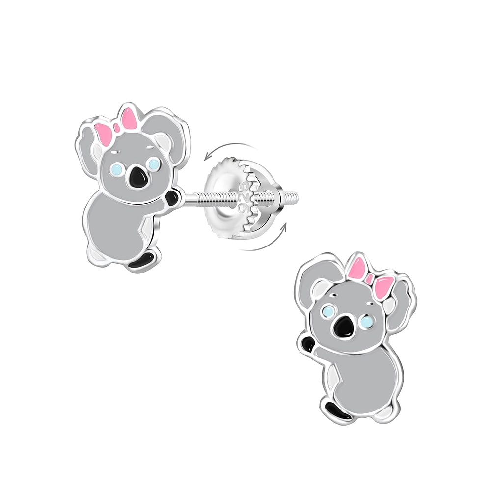 Childrens Sterling Silver Koala Bear Screw Back Girls Earrings