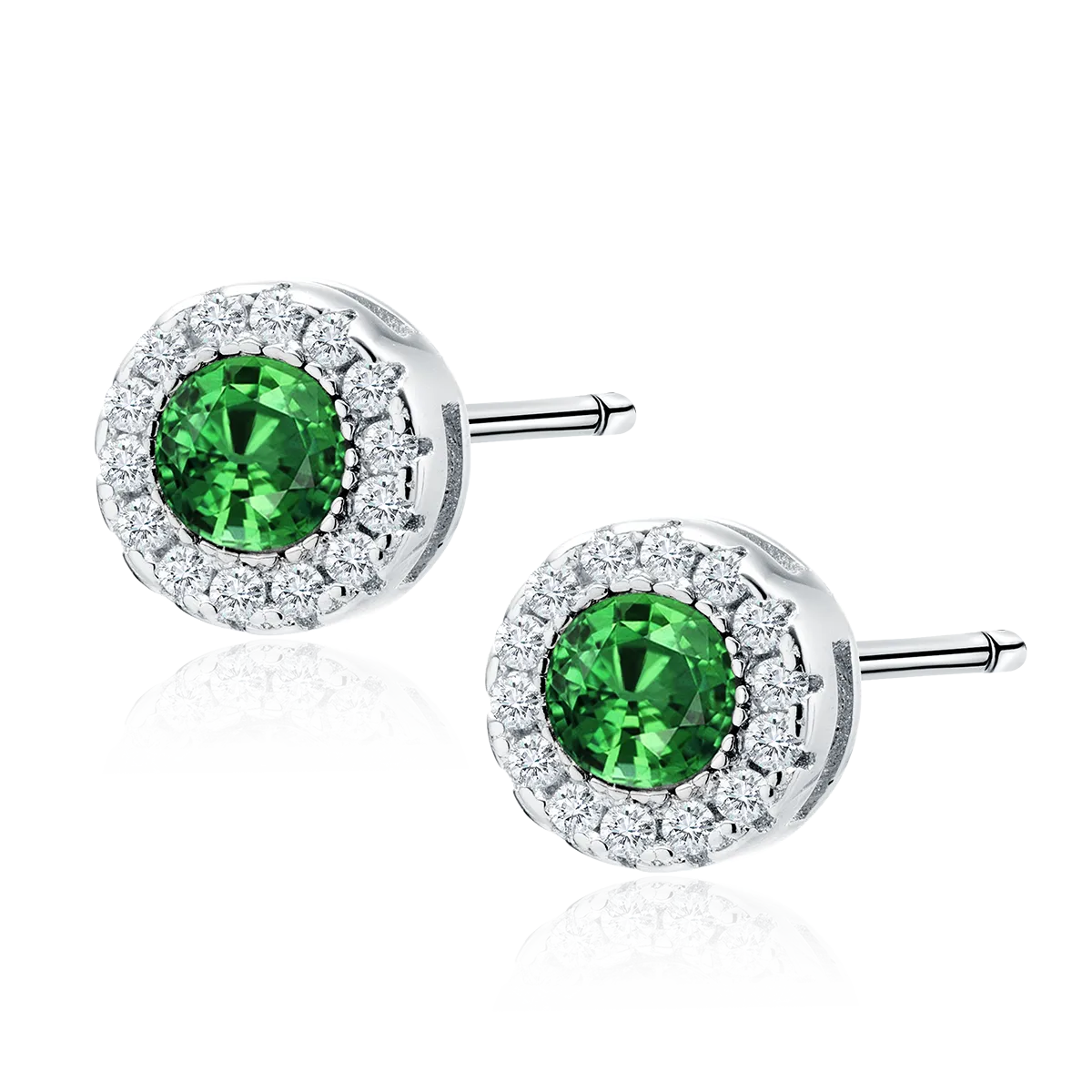 Sterling Silver Round Emerald CZ Stud Earrings