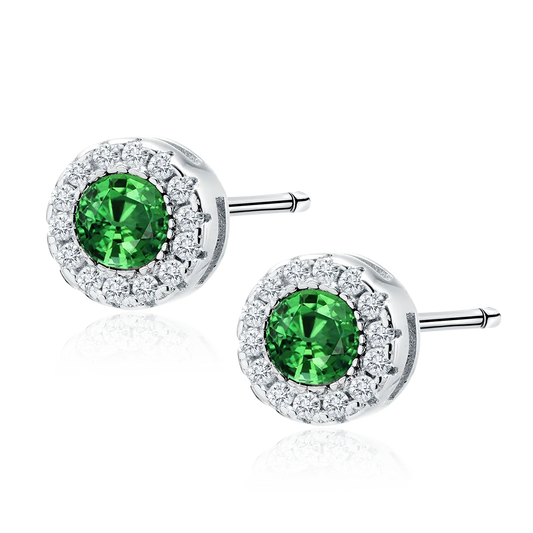 Sterling Silver Round Emerald CZ Stud Earrings