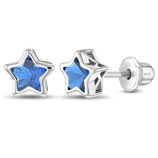 Sterling Silver Girls December CZ Star Birthstone Screw Back Earrings