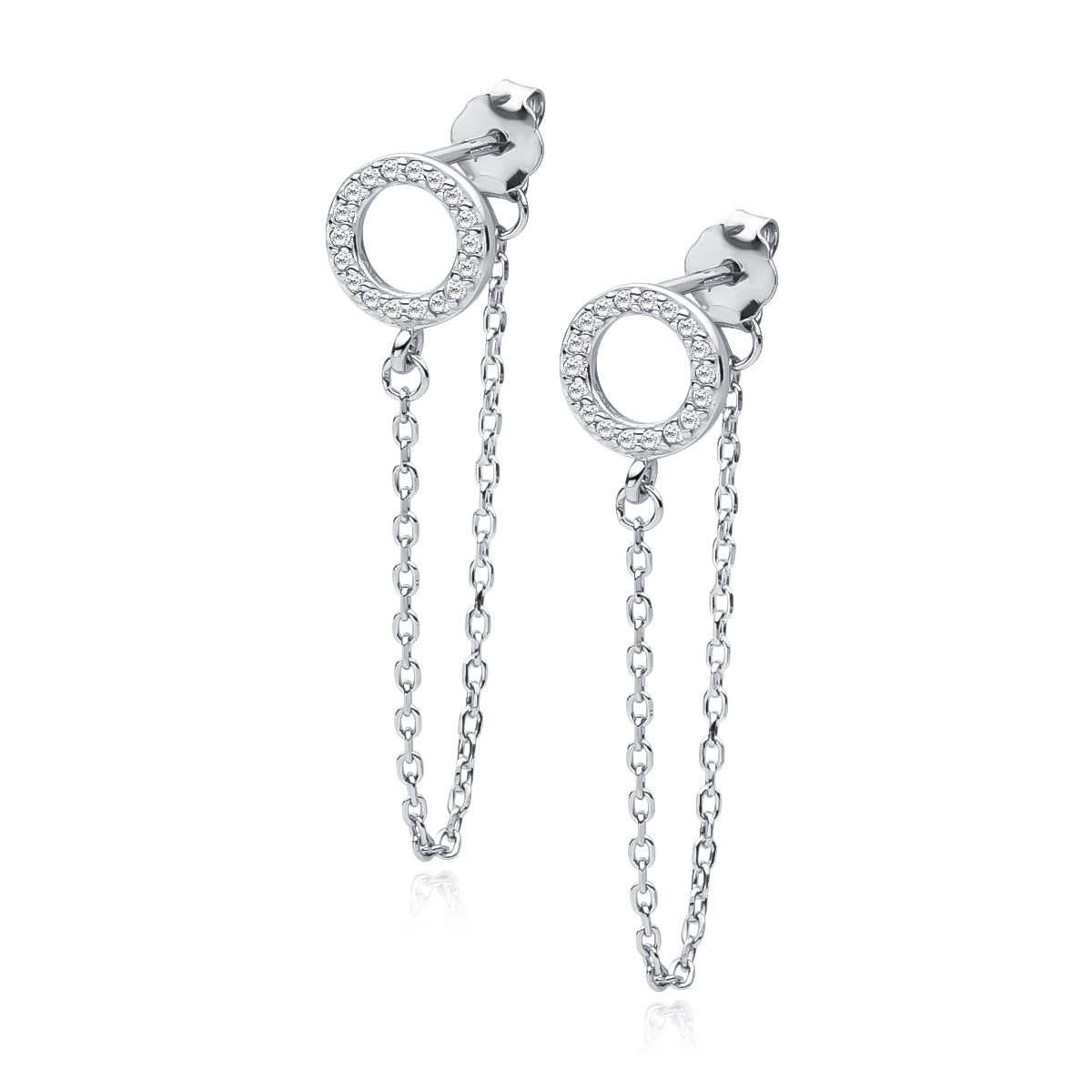 Sterling Silver Chain Drop CZ Circle Earrings