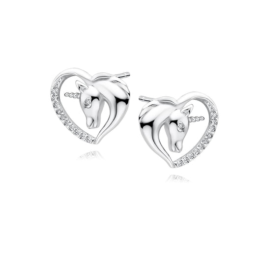 Girl's Sterling Silver CZ Unicorn Heart Stud Earrings