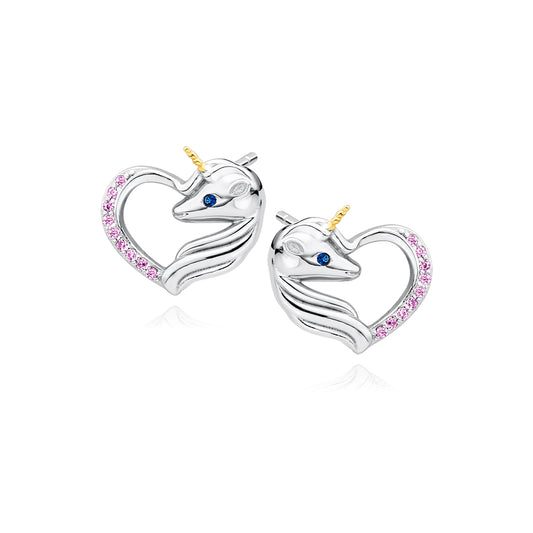 Girl's Sterling Silver CZ Unicorn Heart Stud Earrings