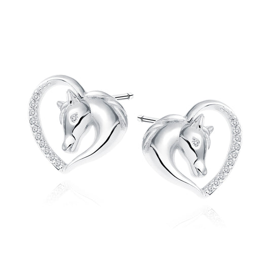 Girl's Sterling Silver CZ Heart With Horse Stud Earrings