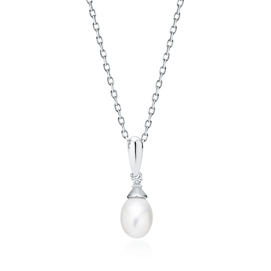 Sterling Silver Pearl & CZ Pendant Necklace