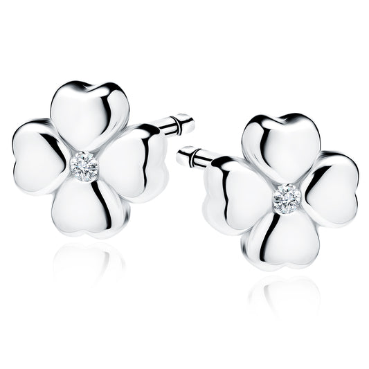 Sterling Silver Small Four Leaf Clover CZ Stud Earrings