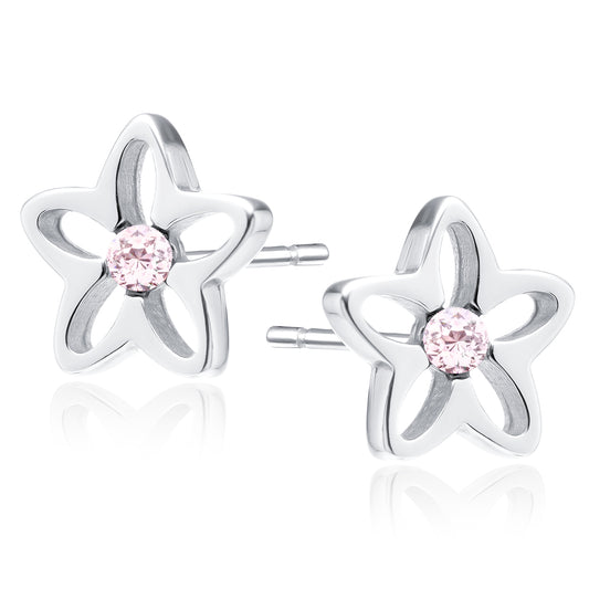 Sterling Silver Pink CZ Flower Stud Earrings