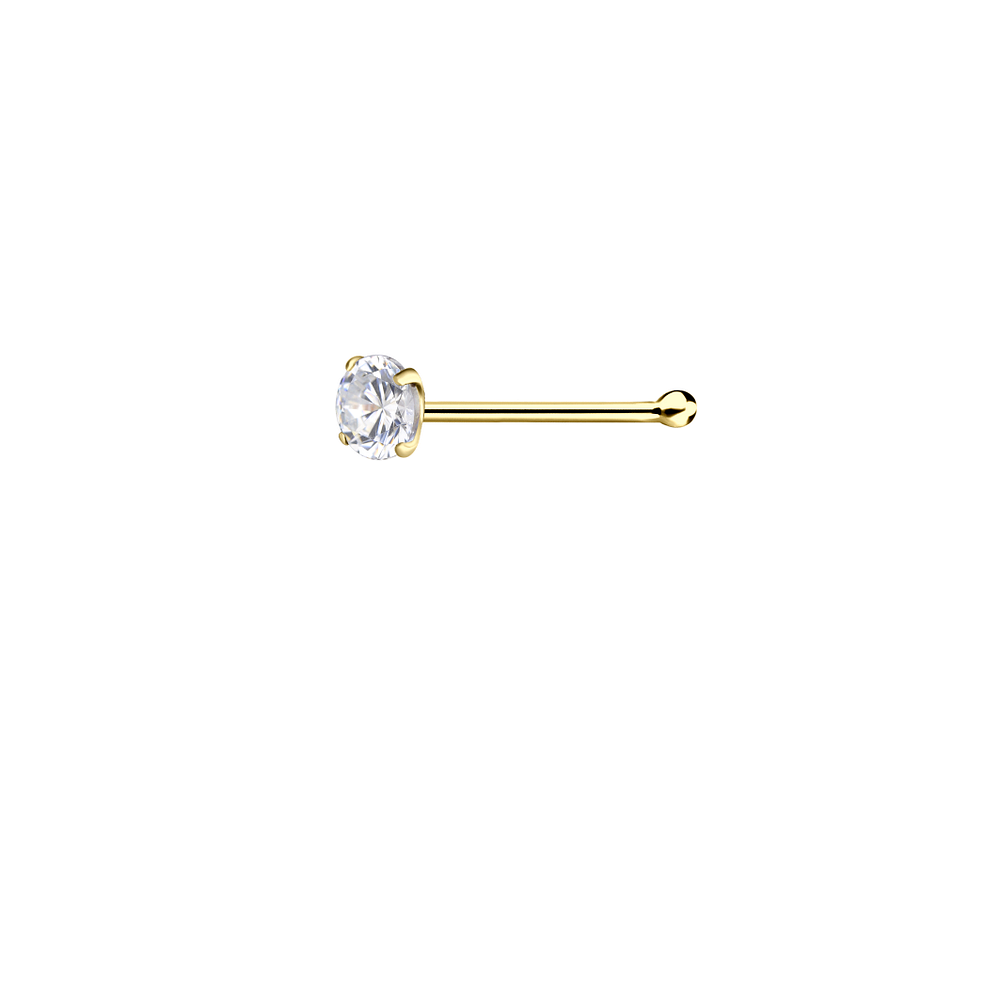 A single gold barbell stud earring with a round-cut clear gemstone in a four-prong setting, shown against a solid white background.