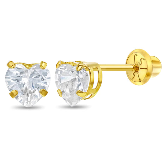 14k gold heart earrings for girls by In Season Jewellery with sparkling clear stones