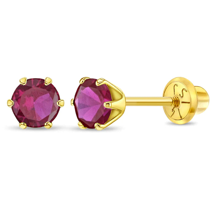 14k gold July birthstone earrings for children featuring round red gemstones by In Season Jewellery