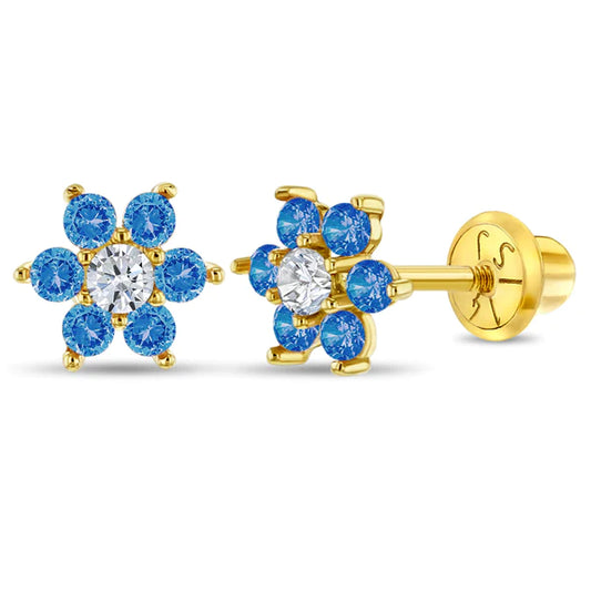 In Season Jewellery 14k gold kids flower earrings with blue and white gemstones for children