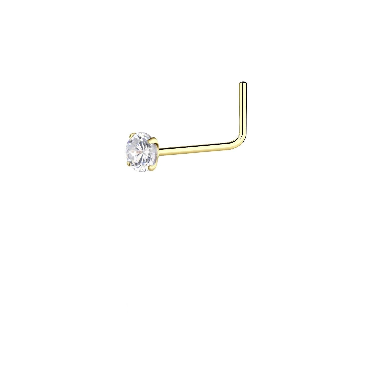 14K gold L bend nose stud by Melchior Jewellery with clear gemstone for subtle body jewellery
