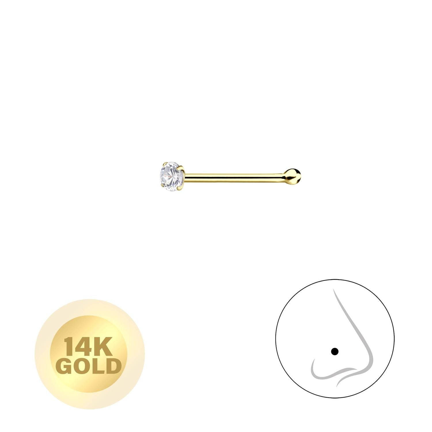 14K gold nose piercing with ball end featuring a clear gemstone for subtle nose jewellery