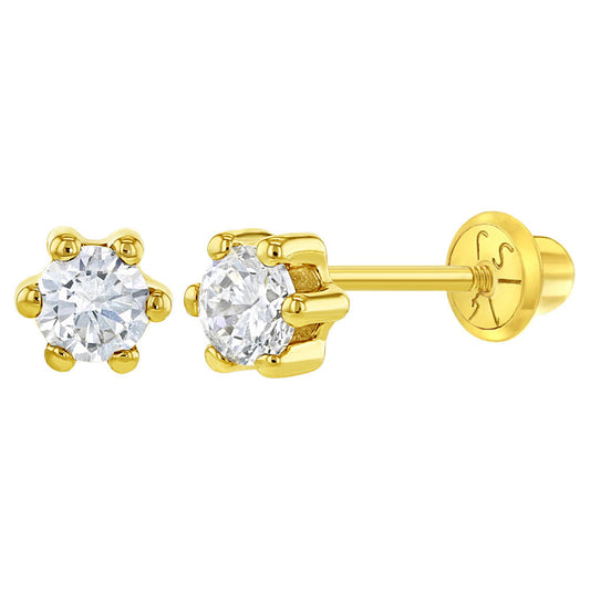 14k Gold Polished CZ Solitaire Kids Screw Back Earrings