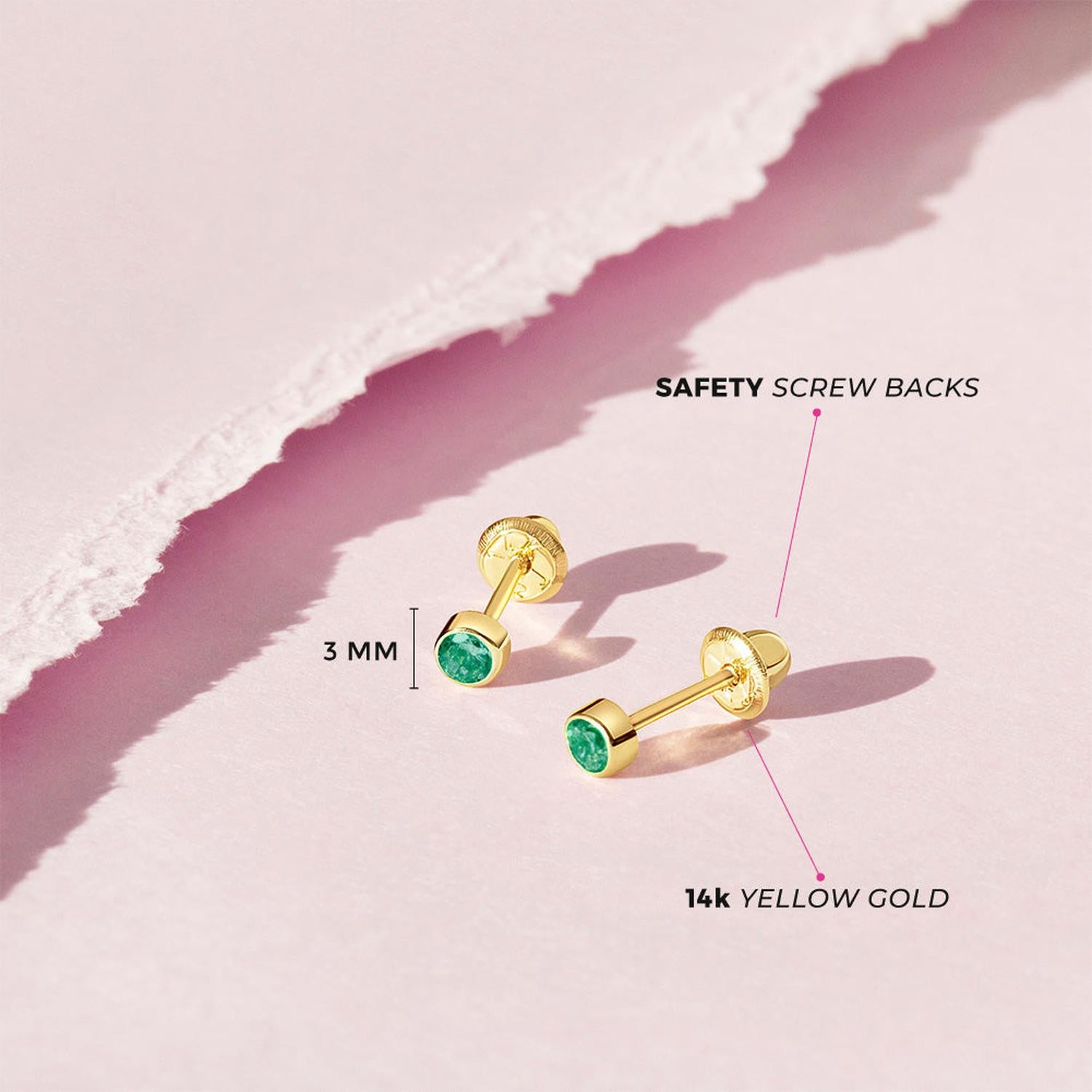 14k yellow gold girls gold earrings with green stones and safety screw backs for children