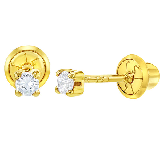 14k Gold Tiny 2mm Prong Set CZ Screw Back Kids Earrings