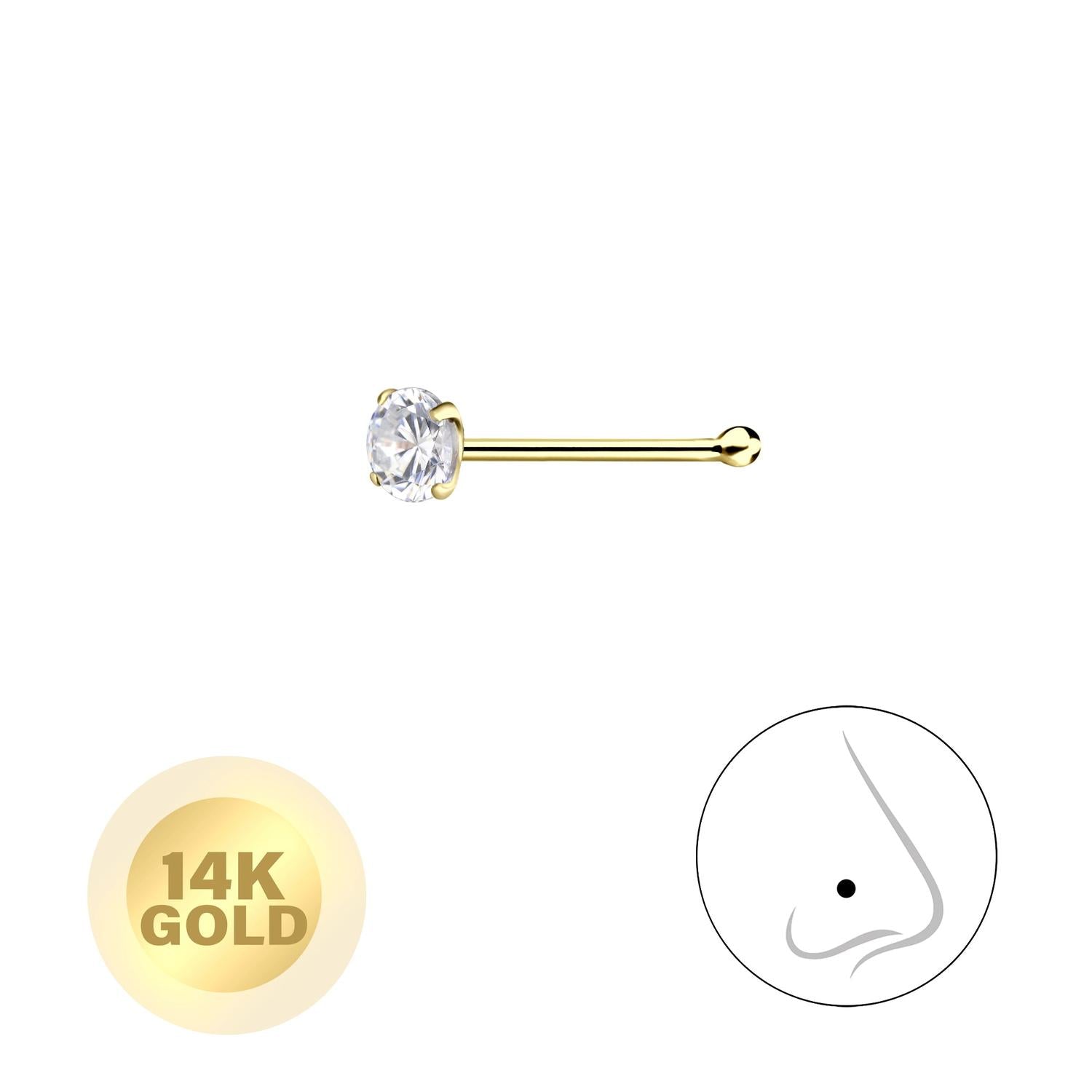 14k yellow gold prong setting nose bone stud with clear gemstone by Melchior Jewellery