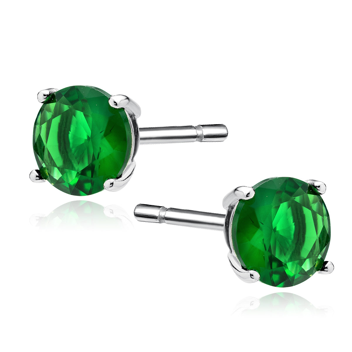 Sterling Silver Emerald Green CZ Round Stud Earrings - Choose Your Size