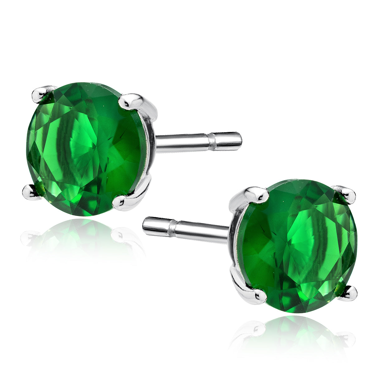 Sterling Silver Emerald Green CZ Round Stud Earrings - Choose Your Size