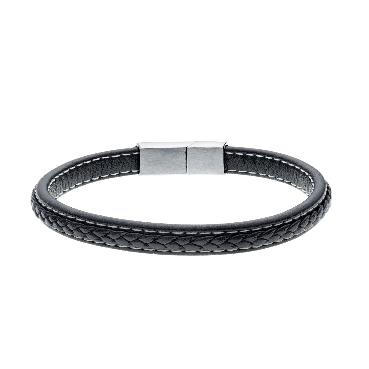 Mens Black Leather and Stainless Steel Woven Bracelet - Melchior Jewellery 