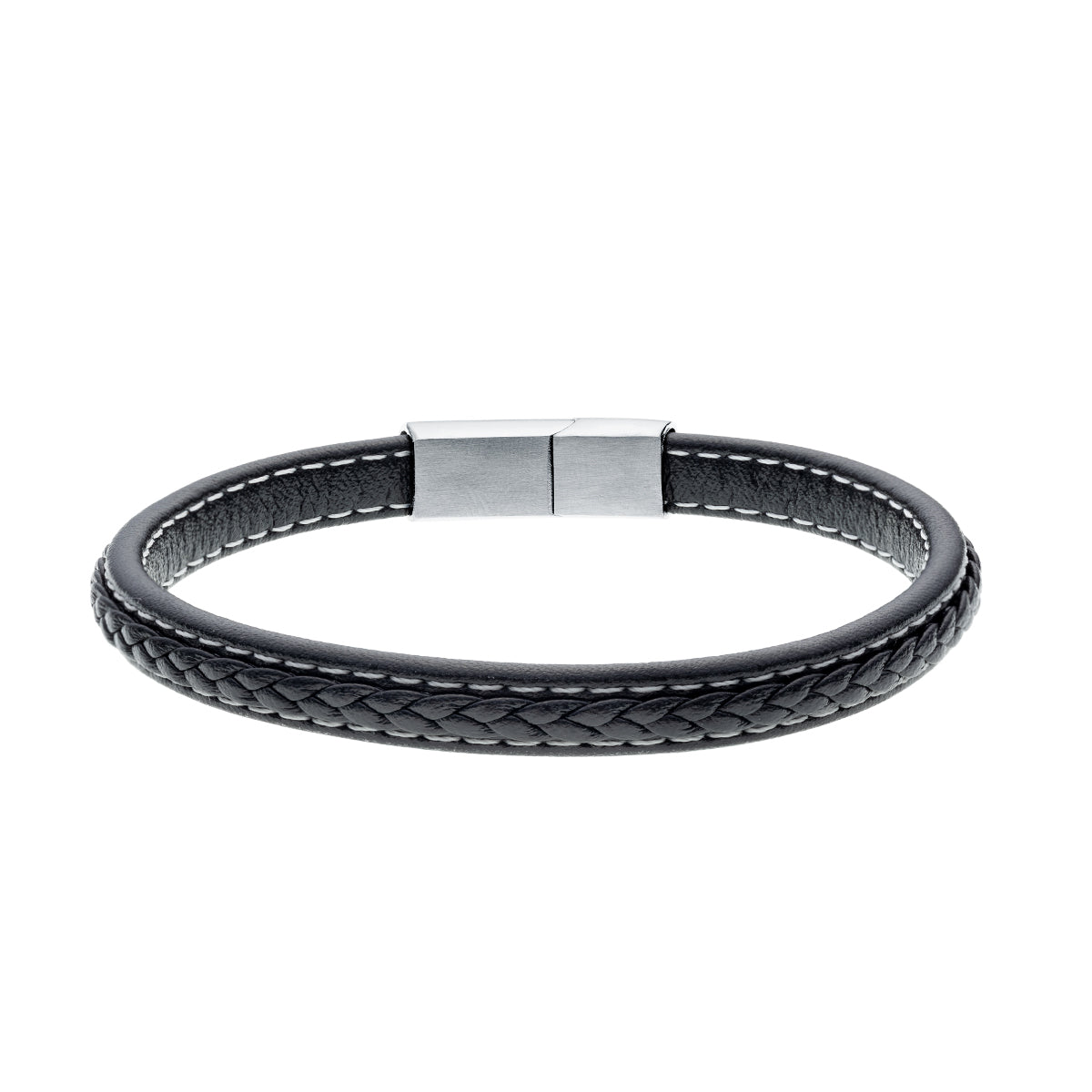 Mens Black Leather and Stainless Steel Woven Bracelet