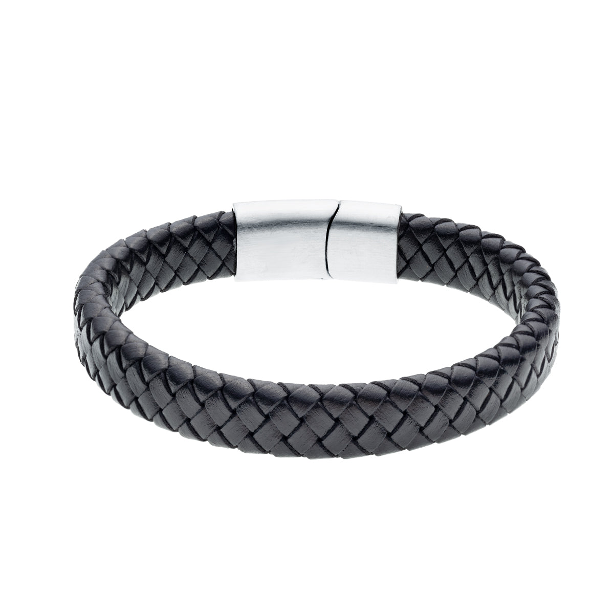 Mens 12mm Black Leather and Stainless Steel Woven Bracelet