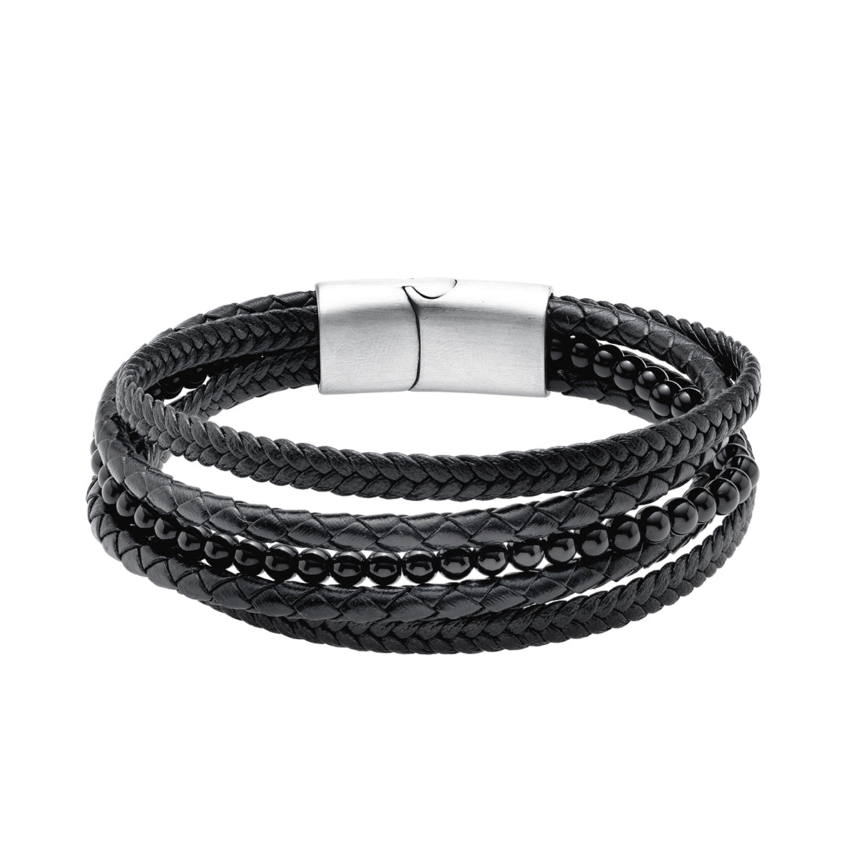 Mens Stainless Steel Bracelet With Black Leather Straps & Tourmaline Stones