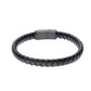 Mens 8mm Black Leather and Stainless Steel Woven Bracelet