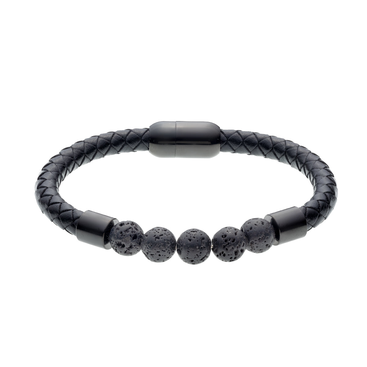 Mens Black Leather Bracelet with Volcanic Lava Stones & Steel Magnetic Clasp