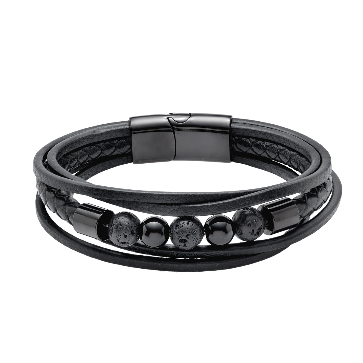 Mens Black Leather Bracelet with Tourmaline & Volcanic Lava Stones Steel Magnetic Clasp