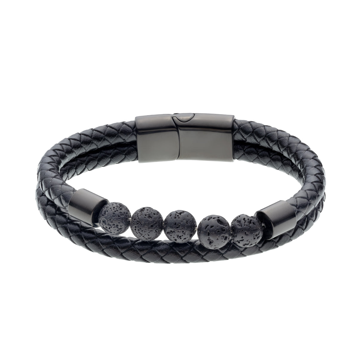 Mens Black Leather Bracelet with Steel Magnetic Clasp