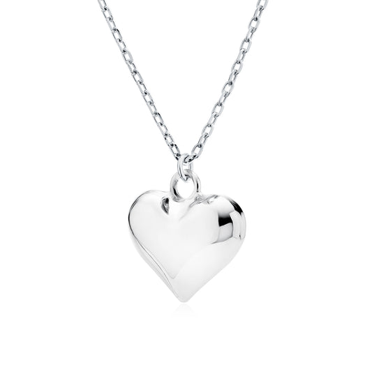 Sterling Silver Rhodium Plated Puff Heart Necklace