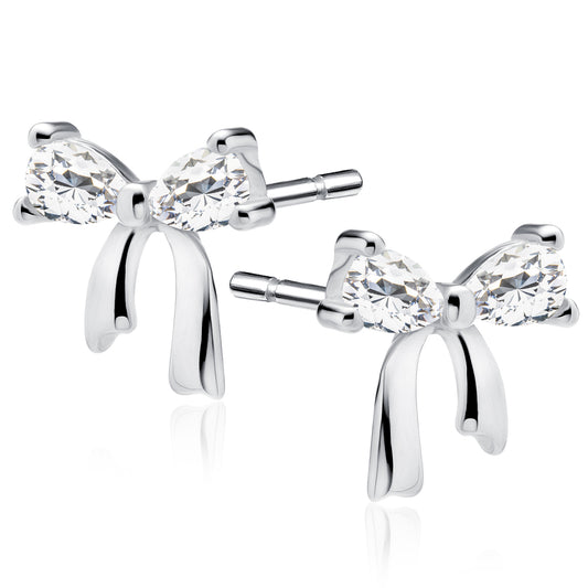 Sterling Silver Small White CZ Bow Stud Earrings