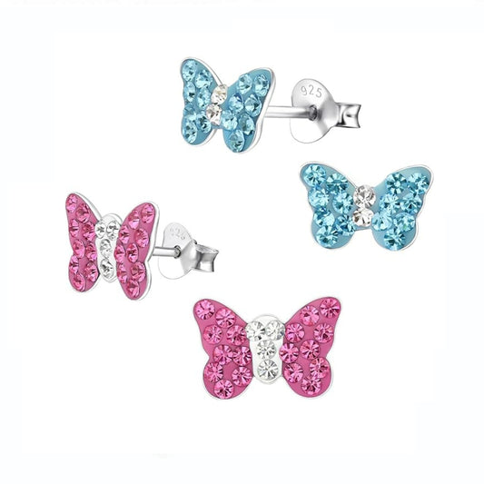 Sterling Silver Blue & Pink Sparkle Butterfly Stud Earrings Set