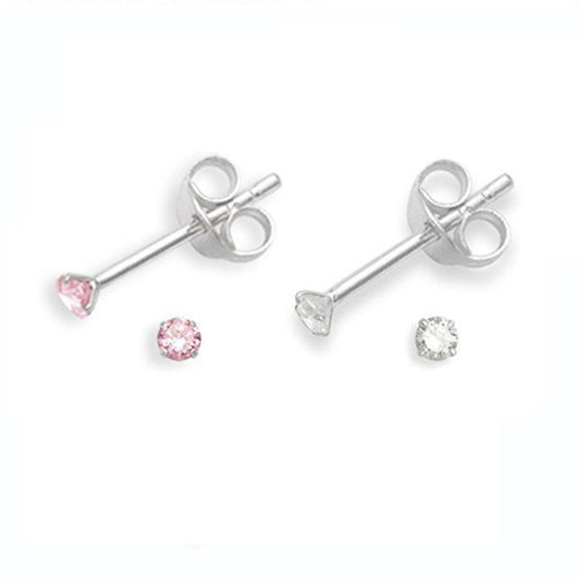 Sterling Silver 2mm Tiny Round Pink & Clear CZ Stud Earrings Set of 2