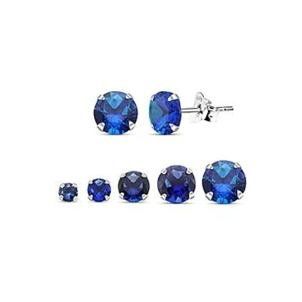 Sterling Silver Round CZ Sapphire Stud Earrings -Choose Your Size