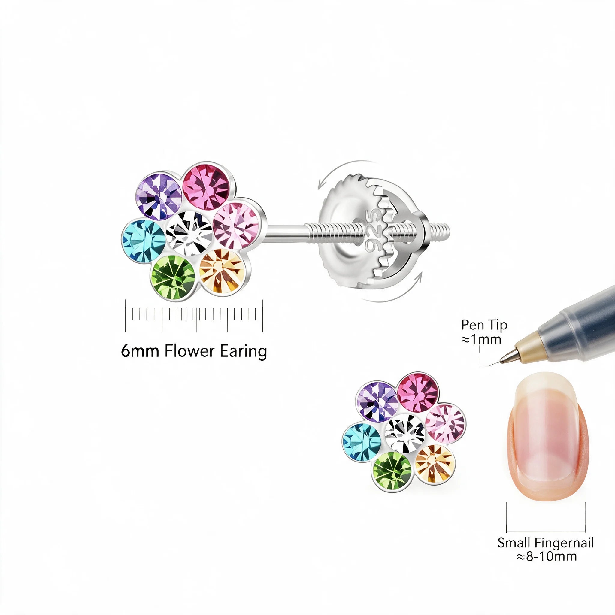 A 6mm flower-shaped stud earring with faceted gemstones in pink, purple, blue, green, orange, and silver-tone metal, shown on a white background with product callouts and a small inset demonstrating scale on a fingernail.