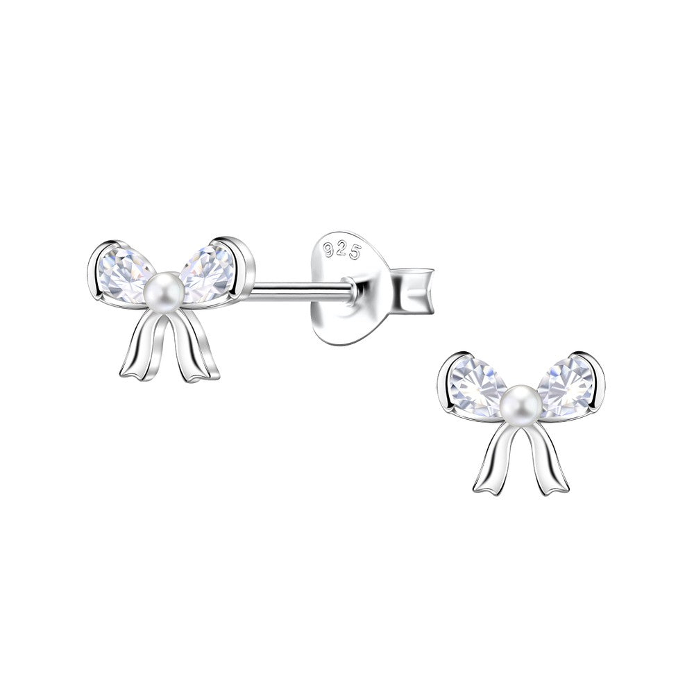 Dainty Sterling Silver CZ Pearl Bow Earrings