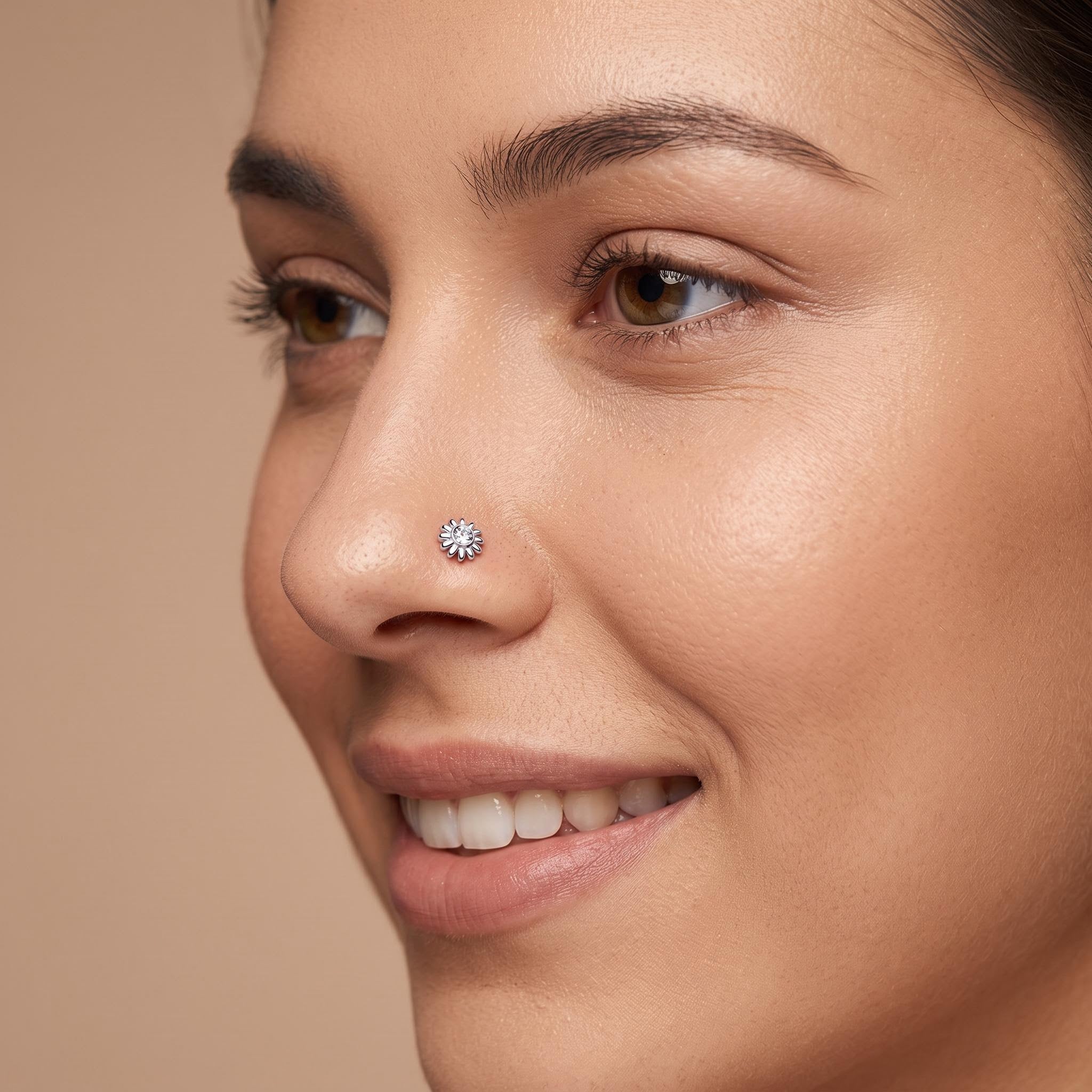 Silver Flower Crystal Nose Stud With Ball End
