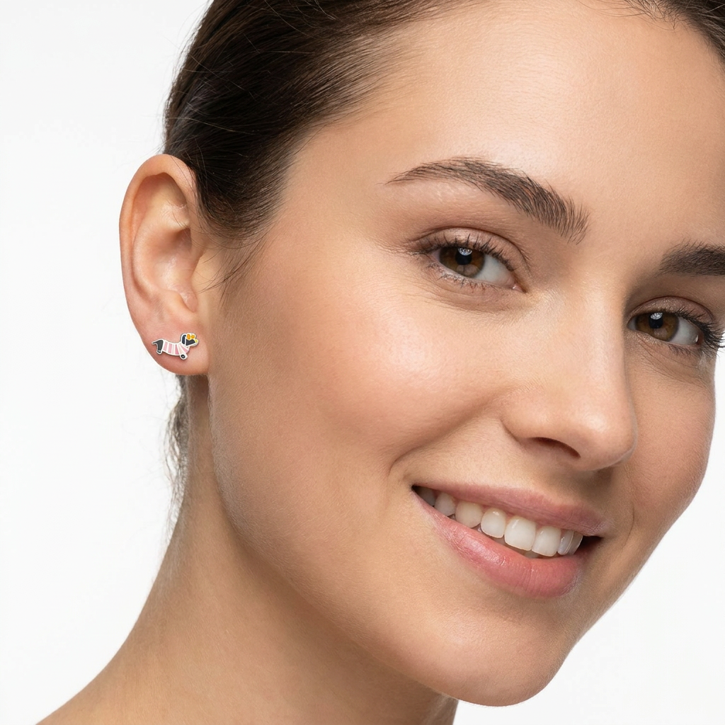 A close-up of a woman's face and ear wearing a small stud earring with a white floral design and green leaves on a gold-toned setting, against a clean white background.