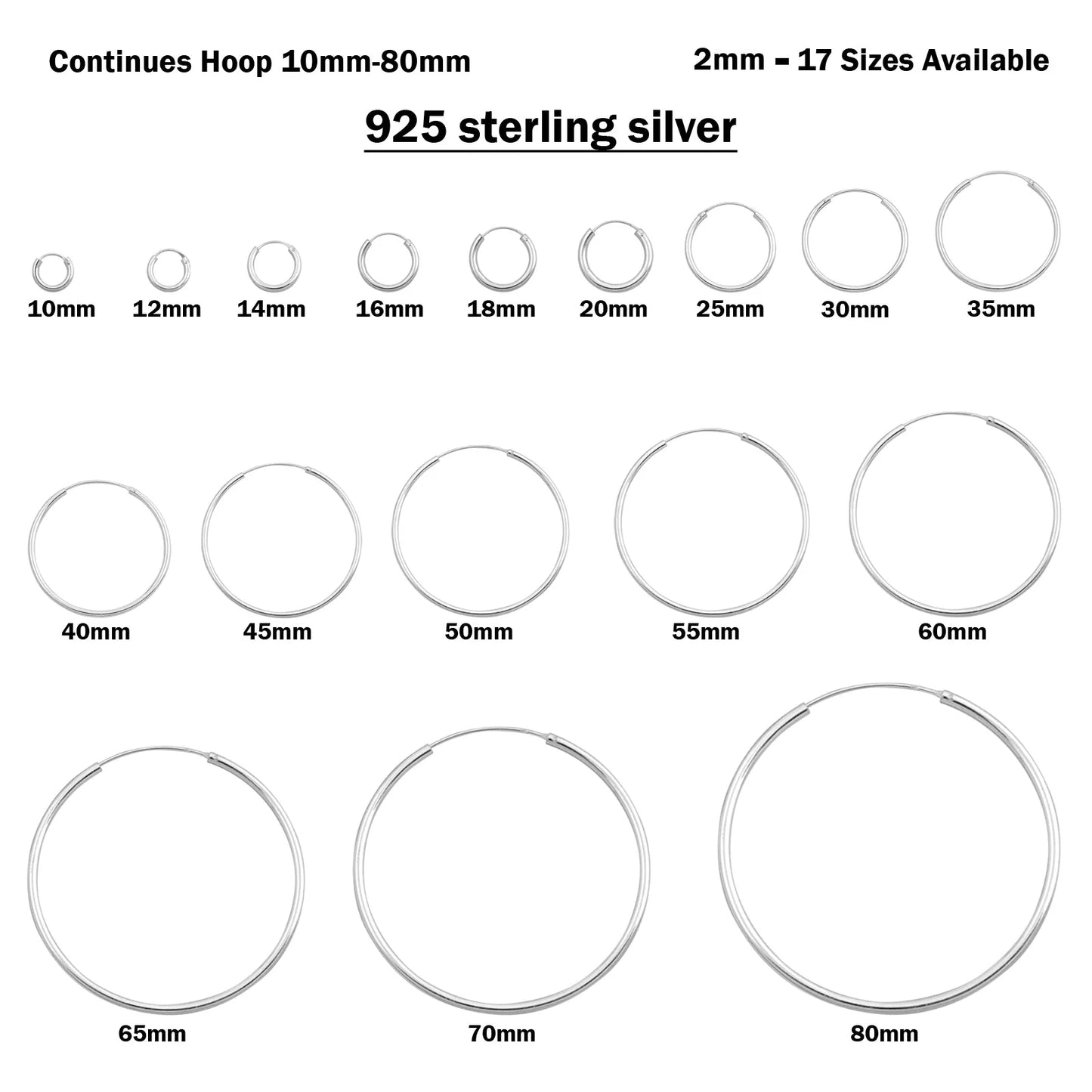 Sterling Silver 2mm Thick Rhodium Plated Hoop Earrings - Choose your Size