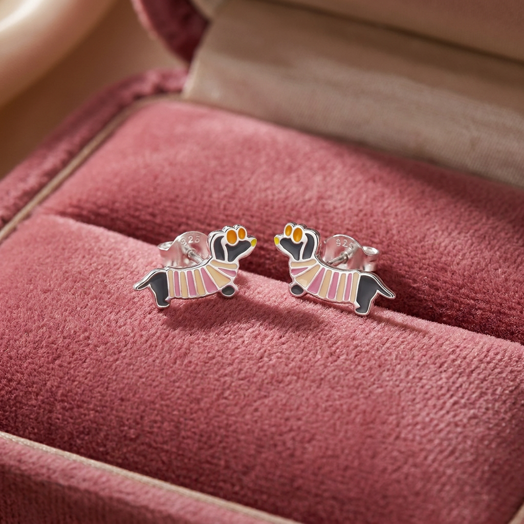 A pair of small stud earrings shaped like dachshund dogs wearing pink striped dresses, resting on a dusty rose velvet jewelry box.