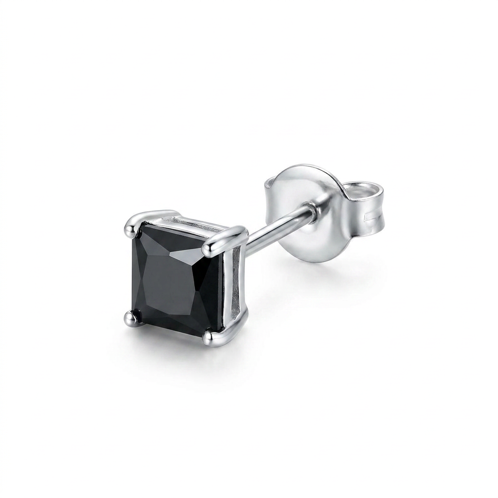 8mm black square CZ sterling silver single stud earring with four-claw setting and butterfly back by Melchior Jewellery