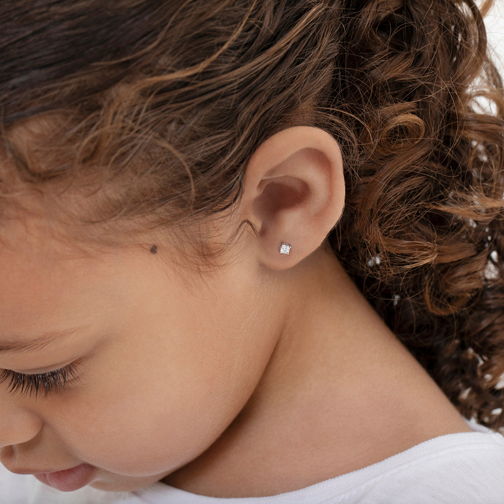 14k White Gold CZ Solitaire Kids April Birthstone Screw Back Earrings