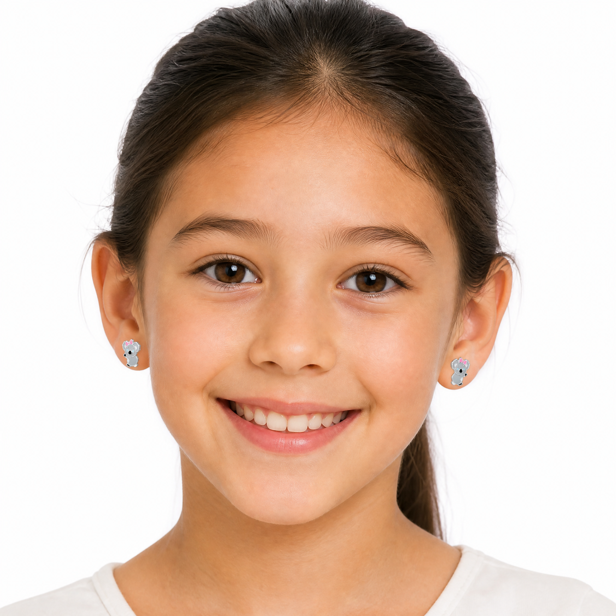 Girl wearing sterling silver koala screw back earrings with pink bow detail
